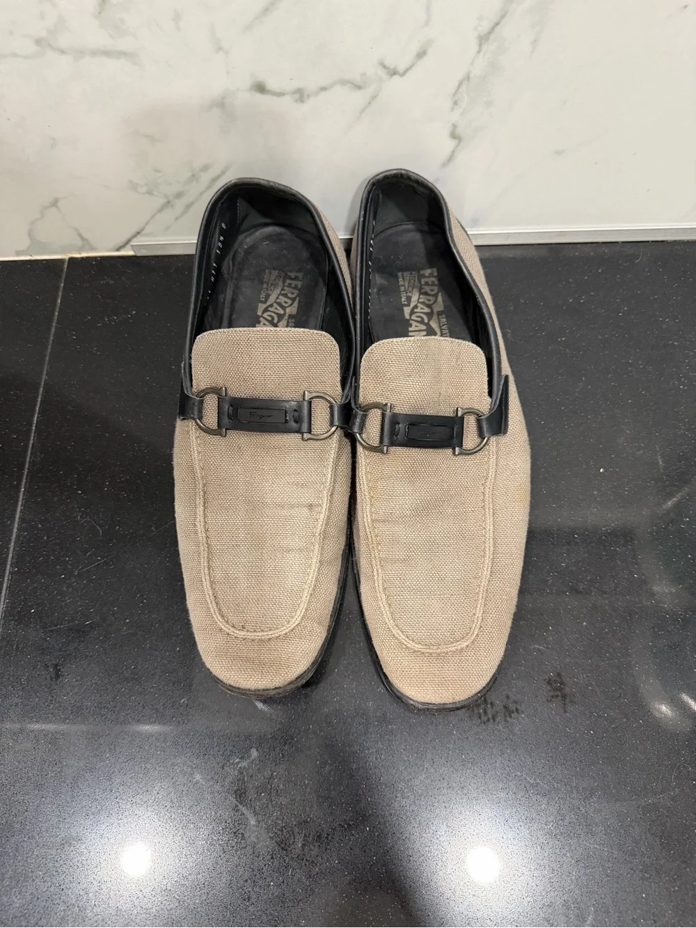 Salvatore Ferragamo Beige Canvas Loafers with Black Bit